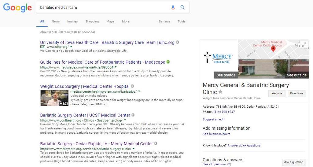 Example Search bariatric treatment and bariatric medical care Two different search results shows