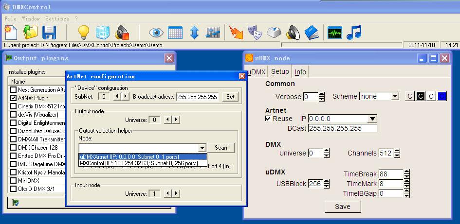 X-uDMXArtnet.exe is a software, to receive Artnet-data / DMX and output this data to X-uDMXArtnet Hardware. X-uDMXArtnet is recognized as real artnet-node by other applications.