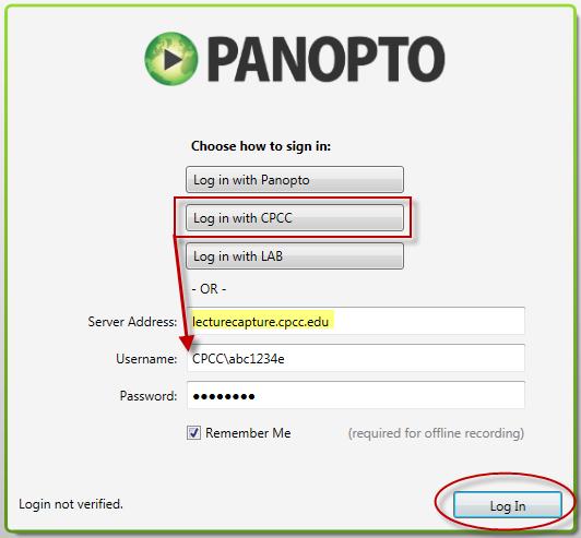 Logging Into the Recorder Application 1. Open the Panopto application by double-clicking on the Panopto Recorder icon on the desktop or your Windows Start Menu. 2. Check the server address.