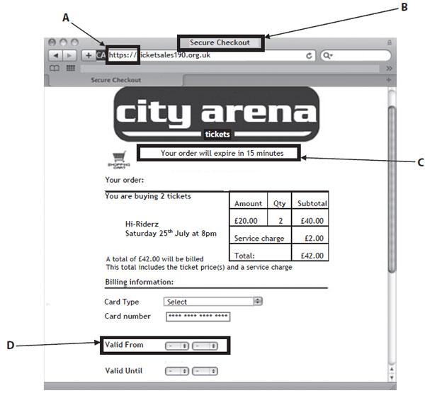 (i) Four areas of the booking screen have been labelled A, B, C and D. Which one identifies that the site is safe to use?
