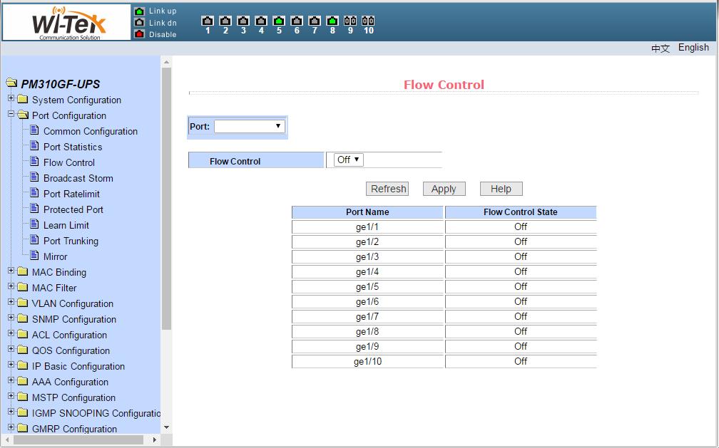 (3)Flow control page Figure 20 shows the flow control page.the user can use this page to open or close the flow control for each port.