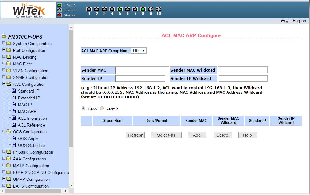 Pic 41 ACL MAC ARP configuration page When a user configures a rule, the MAC address and the IP address are sent with an address matching bit. The rule can match the set of MAC address and IP address.