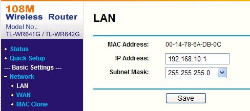 Set the LAN parameters of the router as in the following figure, including IP address and subnet mask settings. Figure A.2.2 Set the LAN parameters 3.