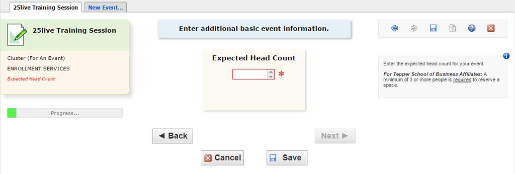 Continue entering basic information: Expected Headcount. Enter the expected headcount.