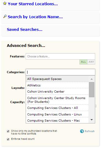 Under Advanced search, you can search for locations with features, categories,