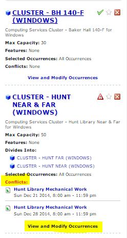 ed locations appear on the right side of the page. Notice in this example, cluster Hunt Near & Far (Windows) displays a conflict for one of the four date occurrences.