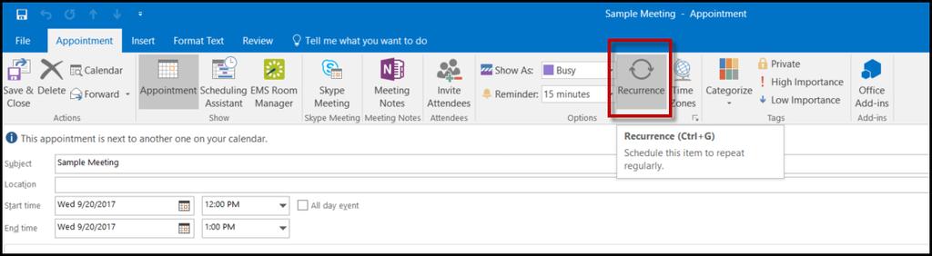 CHAPTER 6: Create a Series Reservation 2. Click the Recurrence button. Recurrence TIP: The Start Time and End Time are designated when you set up the meeting in Outlook.