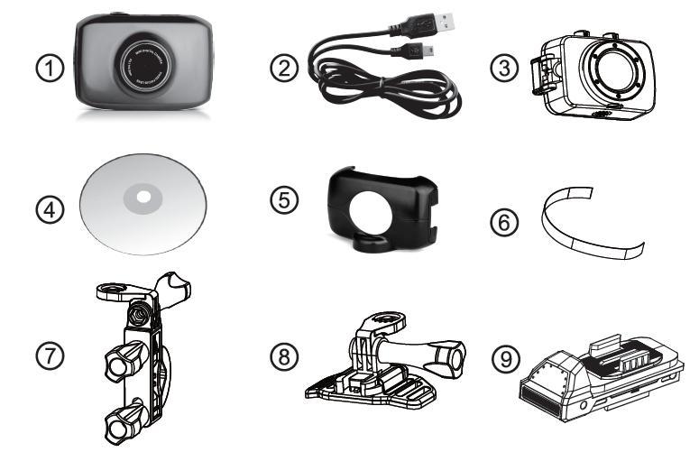 What s Included 1. Action Camcorder 6. Helmet Mount Strap 2. USB Cable 7. Bicycle Mount 3. Waterproof Casing 8. Helmet Mount 4.