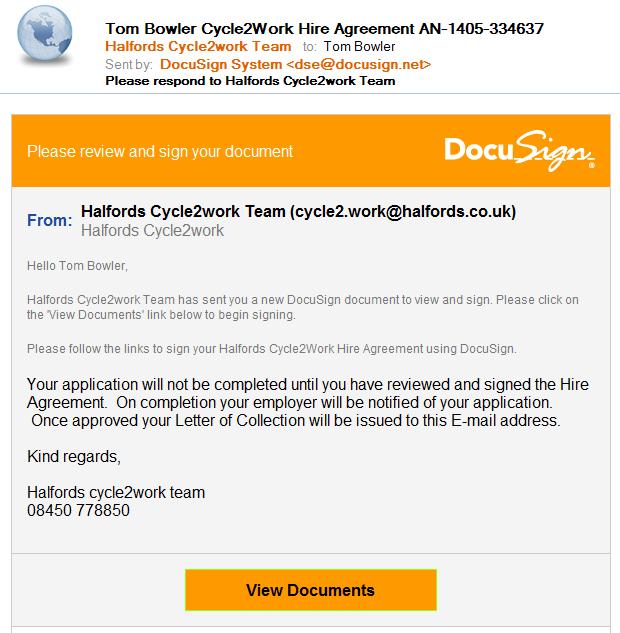 When this information is submitted, the employee will receive an email from the Halfords cycle2work