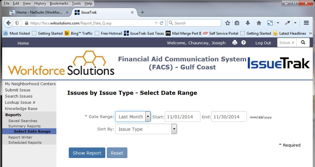Workforce Solutions Financial Aid 3. The report parameters page displays.