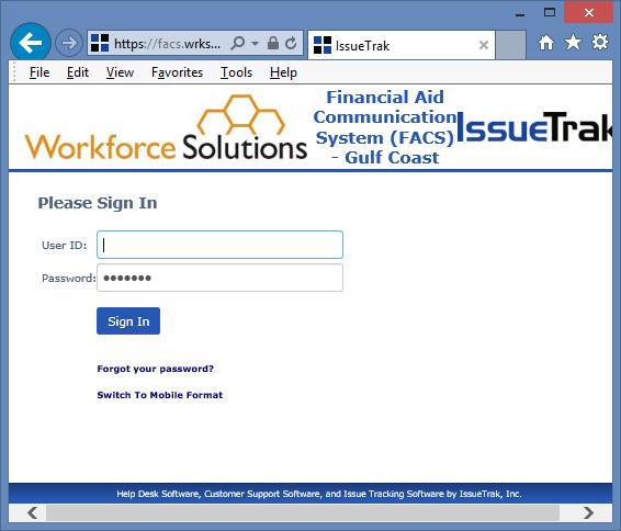 Module 5: Using FACS Log In To login to the FACS system go to: https://facs.wrksolutions.com/. The logon screen displays. Enter your user ID and password.
