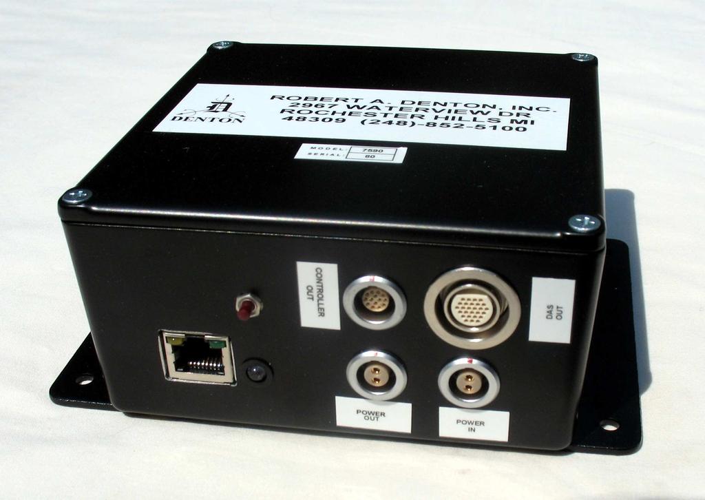 The interface box has sockets for Ethernet connection, power input, and data acquisition system (DAS) connection/trigger input.