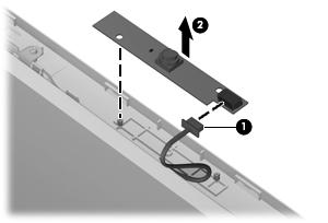 4. If it is necessary to replace the webcam module, disconnect the webcam cable from the module (1), and pull the webcam module (2) that is attached with adhesive off the display enclosure.