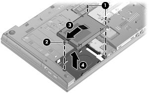 4. Remove the hard drive (4) from the hard drive bay. Remove the hard drive from a 35.6-cm (14-in) or 33.8-cm (13.3-in) computer: 1.