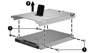 To remove the hard drive bracket, follow these steps: 1. If it is necessary to replace the hard drive bracket, remove the two Phillips PM3.0 4.