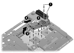 3. Raise the end of the heat sink (3) to free it from the system board components and then remove the heat sink (4) from the system board.