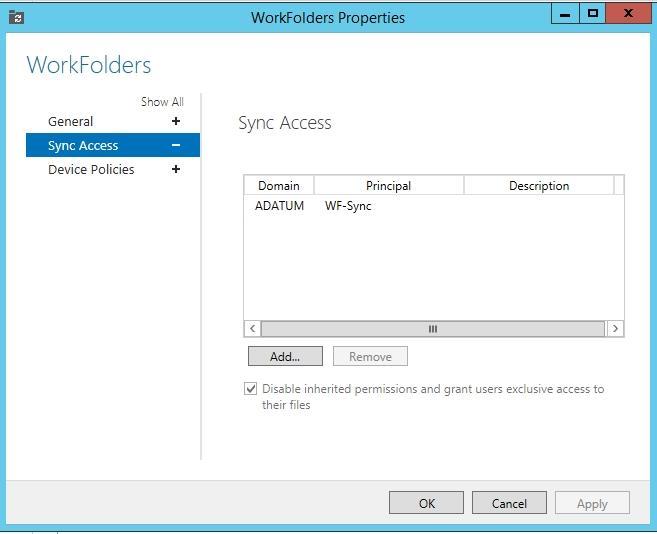 You can control access to the Work Folders structure on a per-user or per-group basis, which you configure using the wizard's Sync Access page shown in Figure 1.