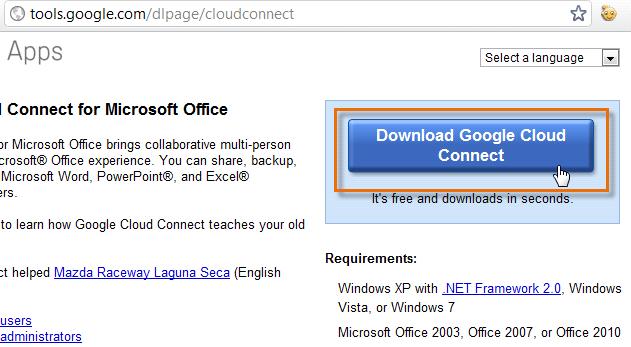 Downloading Google Cloud Connect for Microsoft Office 3. The Terms of Service page will appear.