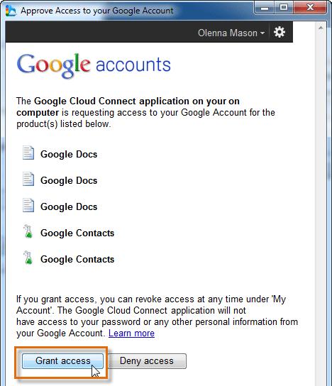 Approve Access to your Google Account 10. If desired, review and modify the Google Cloud Connect settings in the Global Settings dialog box. 1. Choose automatic or manual syncing.