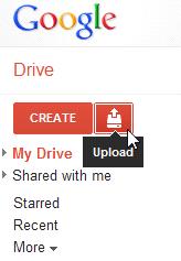 1. While viewing your Google Drive, locate and select the Upload button. Clicking Upload 2. Select Files.
