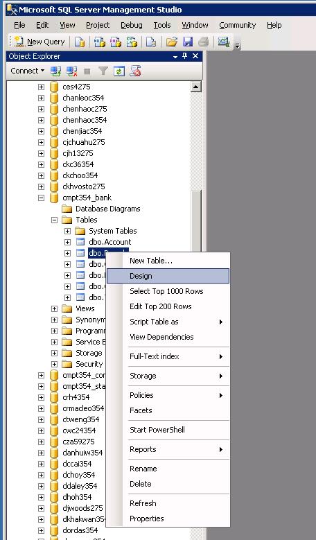 To use the GUI to create constraints in SQL Server Select Design on the desired table using the context menu