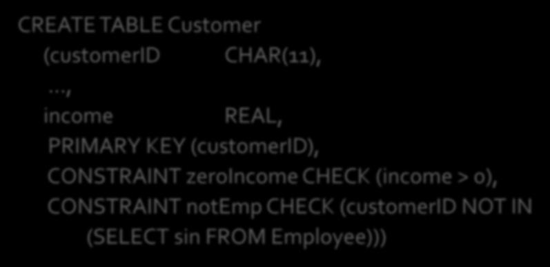 Check that a customer's income is greater than zero, and that customer ID is not equal