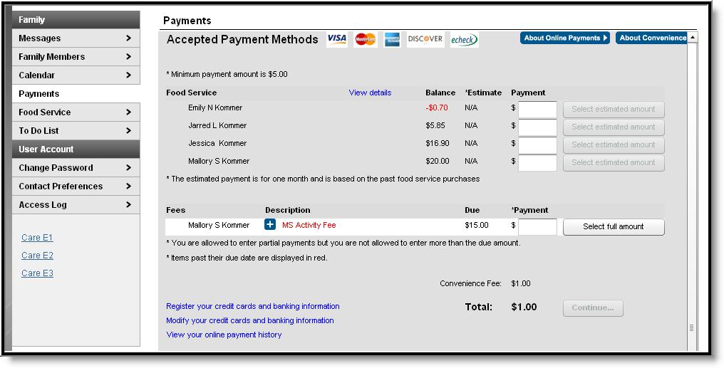 Image 17: Assignment Detail from the Family Calendar Payments The Payments tab allows users to view students' food service balances and any fees assessed to students to whom the user has rights.