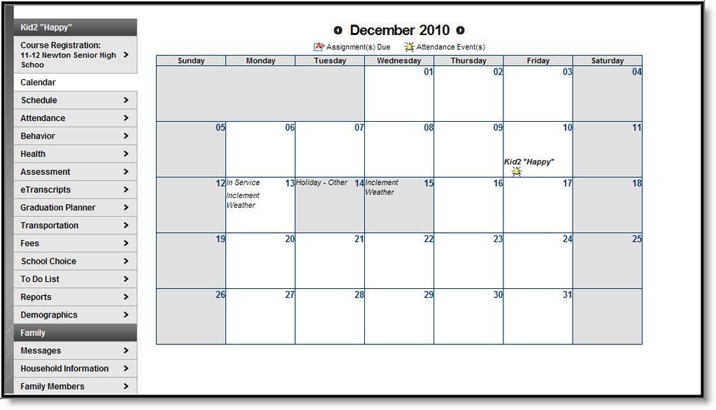 Image 25: Student Calendar Icons indicating Assignments Due and Attendance Events are also links to additional content.