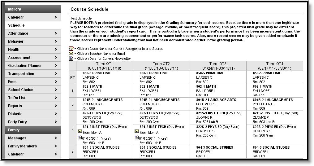 Schedule The Course Schedule lists the student's classes in each period and term, along with the time and location the class meets.