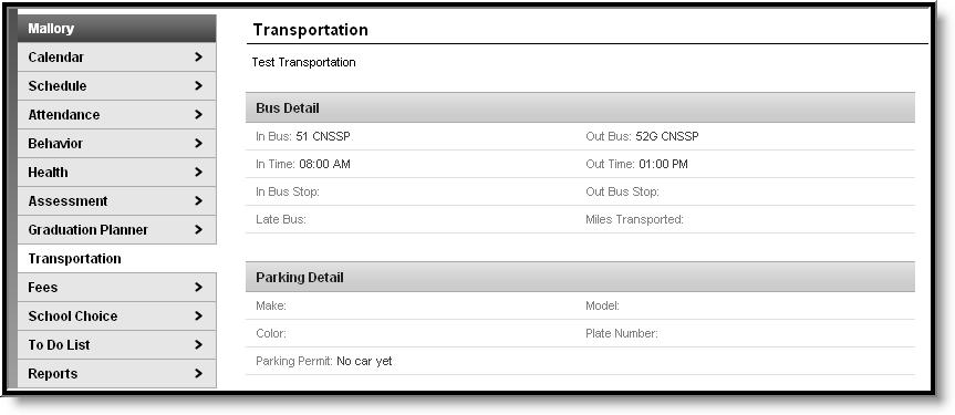 Image 38: Student Transportation Fees The Fees tab provides a list of all fees assigned to the student.