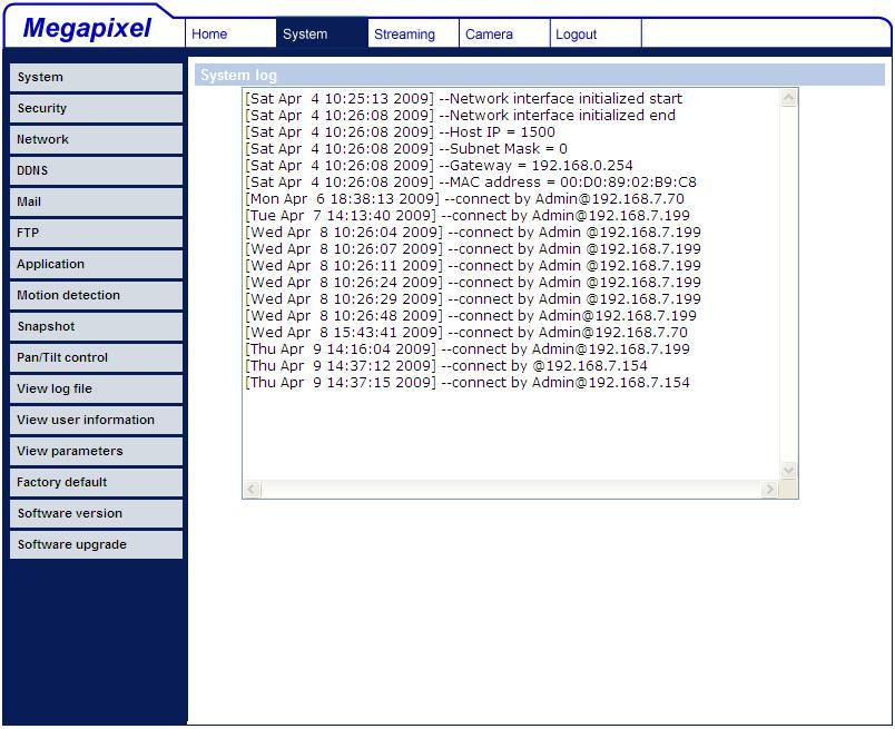 4.3.11 View Log File Click on the link to view the system log file.