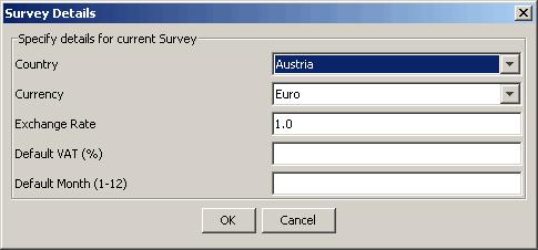 Please check country, currency and exchange rate. Set the default VAT and survey month.