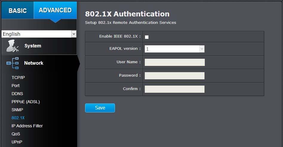 802.1X Authentication Algorithm: Authentication Password: Private key Algorithm: Private key Password: Choose the authentication method to verify the source of information: MD5 or SHA.