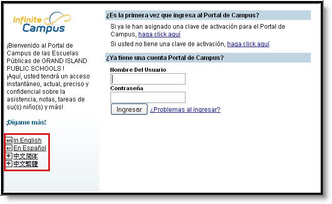 Image 8: Campus Portal in Spanish Image 9: Language Selection at the Bottom of the Portal Family (Portal) Overview Available Tools This document is