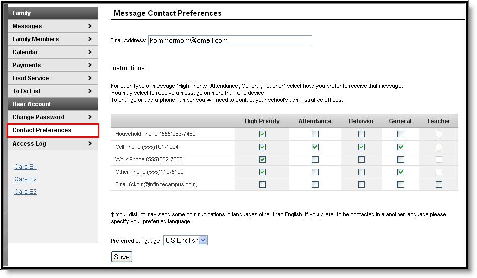 Administrator Note: Messenger contacts who have Portal accounts can configure their own preferences for receiving voice, email and text messages, as long as the school allows them to do so.