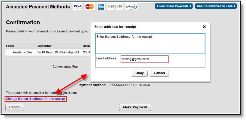 Confirmation page: Review the payment information. If the district has emailing of payment receipts enabled, the user will be notified on this screen of the email address the receipt will be sent to.