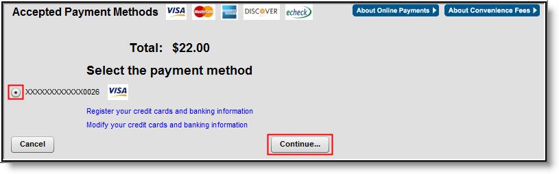 Click Continue to proceed to the Payment Method screen: Select