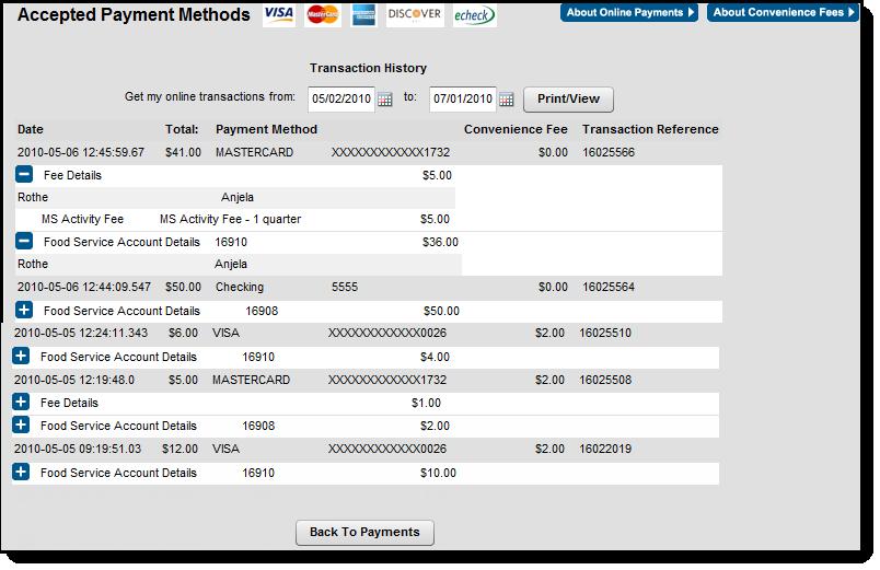 Image 19: Viewing Online Payment History Once selected, users are directed to a screen detailing payment transactions within the date range entered.
