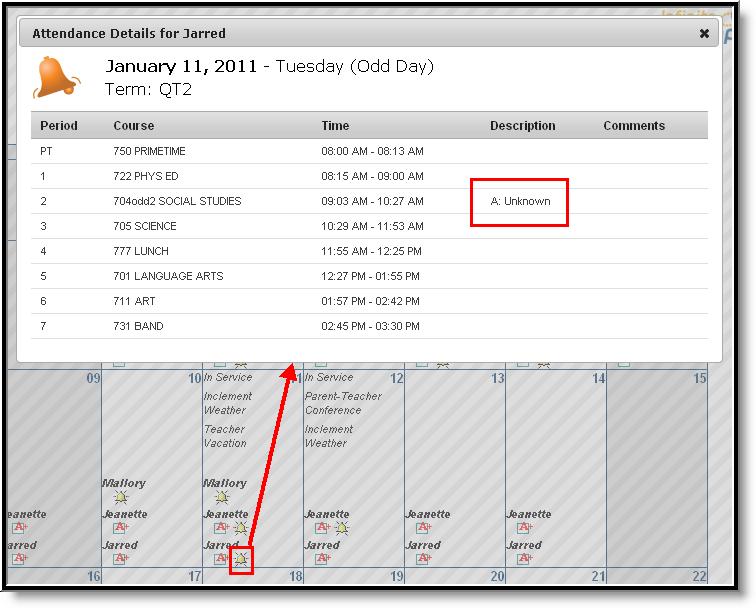 Image 3: Attendance Detail Window from the Calendar Attendance Tab The Attendance Tab can be accessed from the Student section of the navigation pane, after a specific student has been chosen from