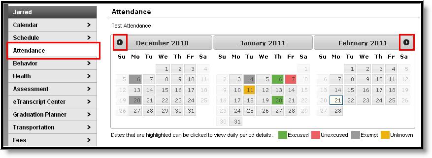 Image 4: Attendance Calendars The attendance colors are defined as follows. These definitions can vary by district.