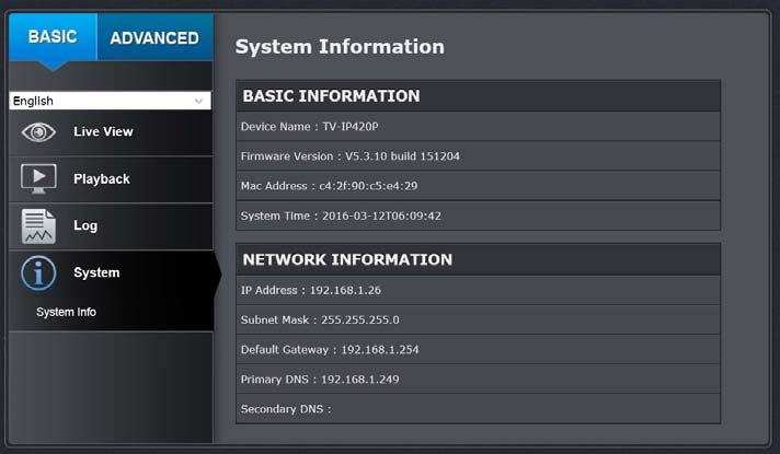 System Information System Information page shows the camera s basic information.