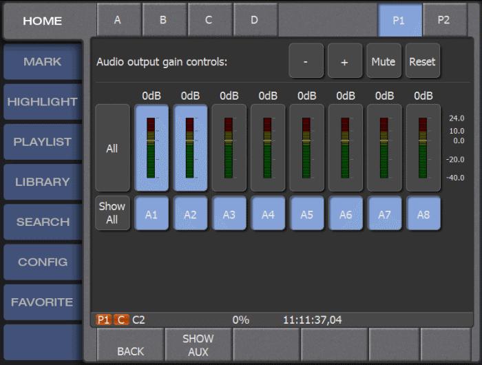 Adjust audio output on the selected channels as follows: Select + or - to change the audio output level.