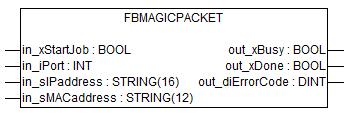 Function Block 7 Function Block Send a Magic Packet (Wake on lan) (FbMagicPacket) WAGO-I/O-PRO CAA Library Elements Category: Automation Name: FbMagicPacket Type: Function Function block X Program