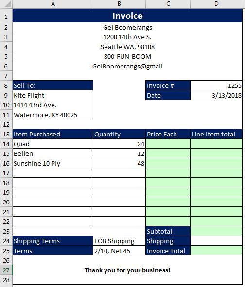 Topics Excel & Business Math Video/Class Project #39 Create Invoices in Excel with Data Validation Drop-down, VLOOKUP & IF Functions 1) Format Invoice... 1 2) Insert Picture.