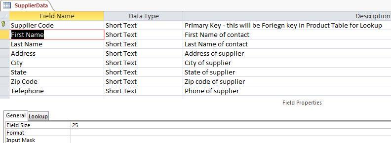 vi. For the Supplier Code Field our Data Type, Description and Field Properties are: 1. Data Type = Short Text 2. Description = Primary Key - this will be the Foreign Key in the Products Table. 3.