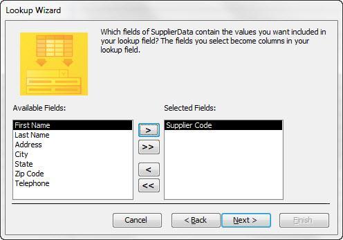 5. In the third dialog box from the Available Fields list on the left, select Supplier Code and then click the Single
