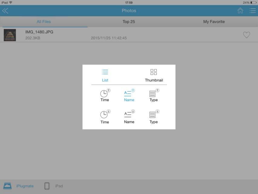 Tap on the file option icon on the top right corner to set file viewing and arrangement options. (Figure 3) All Files will show all files stored in either the USB drive or the device.