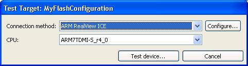Figure 8 Configuring a test target 6. Click Test device to begin testing your flash algorithm. During testing a progress dialog is shown and logging appears on the Eclipse console.