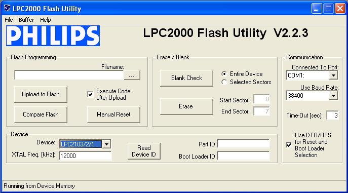 LPC2000 FLASH UTILITY To use the Boot Loader, one may connect a straight cable from J2 (standard DB-9 female header) onboard to one of the COM PORT of your PC.