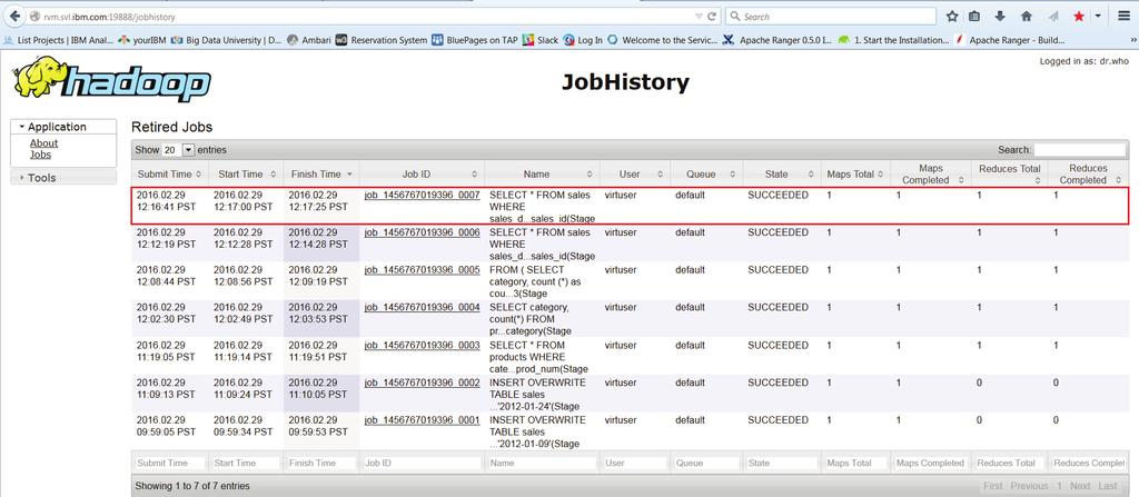 Just the 2012-01-24 sales records were returned. Let s take a look at the job that was run on Hadoop to fulfill our Hive query. We can do this easily back on the Hadoop JobHistory page.